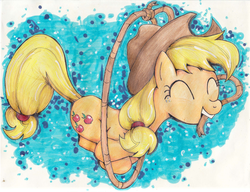 Size: 2424x1864 | Tagged: safe, artist:ilacavgbmjc, applejack, g4, eyes closed, female, jumping, lasso, mouth hold, solo, traditional art