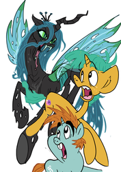 Size: 579x816 | Tagged: safe, artist:jowyb, queen chrysalis, snails, snips, changeling, changeling queen, pony, unicorn, g4, fangs, female, snailsquirm, snipsy snap