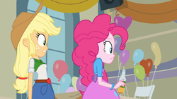 Size: 1366x768 | Tagged: safe, screencap, applejack, pinkie pie, equestria girls, g4, balloon