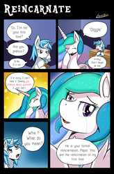 Size: 1024x1561 | Tagged: safe, artist:vavacung, princess celestia, oc, oc:paper mache, pony, comic:to love god - to love mortal, g4, bedroom, canon x oc, comic, crying, eyes closed, female, giggling, mare, open mouth, picture frame, reincarnation, smiling, sweat