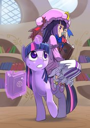 Size: 752x1063 | Tagged: safe, artist:riza23, twilight sparkle, original species, pony, unicorn, youkai, blue mane, blue tail, book, bookshelf, clothes, crossover, cutie mark, day, duo, eyelashes, golden oaks library, hat, horn, indoors, inhaler, levitation, library, light skin, long hair, long mane, long tail, looking up, magic, multicolored mane, multicolored tail, patchouli knowledge, pink mane, pink tail, purple hair, purple mane, purple tail, reading, ribbon, riding, riding a pony, shoes, tail, telekinesis, touhou, twichouli, window