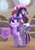 Size: 752x1063 | Tagged: safe, artist:riza23, twilight sparkle, original species, pony, unicorn, youkai, g4, blue mane, blue tail, book, bookshelf, clothes, crossover, cutie mark, day, duo, eyelashes, golden oaks library, hat, horn, indoors, inhaler, levitation, library, light skin, long hair, long mane, long tail, looking up, magic, multicolored mane, multicolored tail, patchouli knowledge, pink mane, pink tail, purple hair, purple mane, purple tail, reading, ribbon, riding, riding a pony, shoes, tail, telekinesis, touhou, twichouli, window