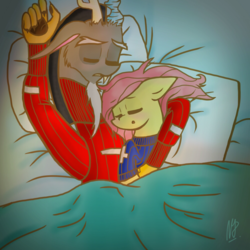 Size: 1000x1000 | Tagged: safe, artist:darkestsunset, discord, fluttershy, g4, bed, clothes, cuddling, female, male, ship:discoshy, shipping, sleeping, snuggling, straight, sweater, sweatershy