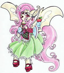 Size: 1000x1147 | Tagged: safe, artist:oriwhitedeer, fluttershy, pony, g4, apple, bipedal, clothes, dress, female, flutterbat, mary janes, solo, traditional art