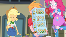 Size: 1366x768 | Tagged: safe, screencap, applejack, big macintosh, pinkie pie, equestria girls, g4, apple cider, balloon, boots, bouncing, bracelet, clothes, corn, excited, food, grapes, high heel boots, jewelry, jumping, skirt