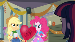 Size: 1366x768 | Tagged: safe, screencap, applejack, pinkie pie, twilight sparkle, equestria girls, g4, balloon, bracelet, clothes, heart balloon, jewelry, skirt