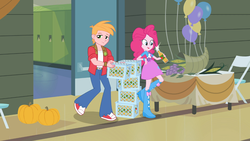 Size: 1366x768 | Tagged: safe, screencap, big macintosh, pinkie pie, equestria girls, g4, apple cider, balloon, boots, bracelet, cider, corn, cornucopia, food, grapes, high heel boots, jewelry, pinkie being pinkie, prehensile mane, pumpkin