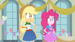 Size: 1366x768 | Tagged: safe, screencap, applejack, pinkie pie, equestria girls, g4, my little pony equestria girls, clothes, cutie mark on clothes, denim, denim skirt, pinkie pie's skirt, shocked, skirt