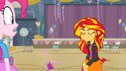 Size: 1366x768 | Tagged: safe, screencap, pinkie pie, sunset shimmer, equestria girls, g4, my little pony equestria girls, balloon, camera, eyes closed, frown, gymnasium, streamers, sunset shimmer is not amused