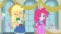 Size: 1366x768 | Tagged: safe, screencap, applejack, pinkie pie, human, equestria girls, g4, my little pony equestria girls, applejack's hat, applejack's skirt, balloon, clothes, cowboy hat, cutie mark on clothes, denim, denim skirt, gym, hat, pink skirt, pinkie pie's skirt, skirt