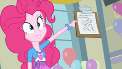 Size: 1366x768 | Tagged: safe, screencap, pinkie pie, equestria girls, g4, clipboard, cute, diapinkes, female, solo