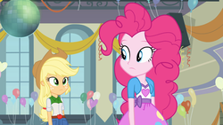 Size: 1366x768 | Tagged: safe, screencap, applejack, pinkie pie, equestria girls, g4, my little pony equestria girls, applejack's hat, balloon, clothes, cowboy hat, disco ball, hat, skirt