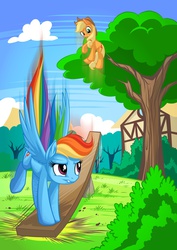 Size: 1061x1500 | Tagged: safe, artist:mysticalpha, applejack, rainbow dash, earth pony, pegasus, pony, rhythm is magic, g4, commission, duo, duo female, female, jumping, mare, seesaw, tree