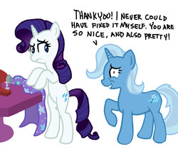 Size: 1153x1000 | Tagged: artist needed, source needed, safe, rarity, trixie, g4, out of character, sewing, trixie's cape