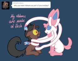 Size: 640x500 | Tagged: safe, artist:fantasyglow, oc, oc:loki, oc:loki ebonhoof, sylveon, blue background, dialogue, pokémon, simple background, tumblr