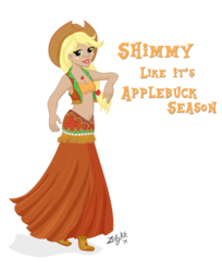 Size: 400x489 | Tagged: safe, artist:zellykat, applejack, human, g4, belly button, belly dancer, belly dancer outfit, bikini top, cleavage, clothes, female, hat, humanized, jewelry, long skirt, midriff, shoes, simple background, skirt, solo, transparent background