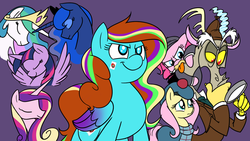 Size: 1280x720 | Tagged: safe, artist:mickeymonster, discord, fluttershy, pinkie pie, princess cadance, princess celestia, princess luna, twilight sparkle, oc, oc:ilovekimpossiblealot, alicorn, pony, g4, detective, female, mare, the great mouse detective, twilight sparkle (alicorn)