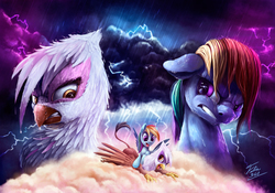 Size: 1920x1347 | Tagged: safe, artist:tsitra360, gilda, rainbow dash, griffon, g4, duality, rain