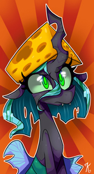 Size: 564x1047 | Tagged: dead source, safe, artist:kaliptro, queen chrysalis, changeling, changeling queen, g4, cheese, cheese hat, female, hat, solo, sunburst background