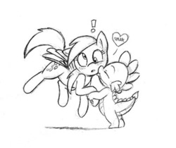 Size: 1200x1007 | Tagged: safe, artist:mickeymonster, derpy hooves, spike, pegasus, pony, g4, blushing, cheek kiss, exclamation point, female, kissing, mare, monochrome, ship:derpyspike, shipping, sketch