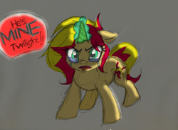 Size: 3040x2210 | Tagged: safe, artist:knight-of-bacon, sunset shimmer, pony, unicorn, g4, angry, crying, female, floppy ears, frown, glare, high res, implied flashimmer, implied shipping, implied straight, jealous, magic, messy mane, open mouth, rough sketch, shitposting, solo, sunsad shimmer, wide eyes
