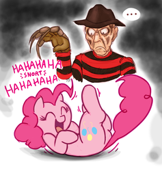 Size: 949x1000 | Tagged: safe, artist:mickeymonster, pinkie pie, earth pony, pony, g4, ..., angry, butt, crossover, epic fail, fail, failure, freddy krueger, giggling, happy, laughing, laughter song, plot, slasher, snorting