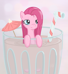 Size: 2156x2336 | Tagged: safe, artist:astranordy, pinkie pie, earth pony, pony, g4, cup of pony, cute, cuteamena, drink, female, high res, leaning, lidded eyes, mare, micro, pinkamena diane pie, shrunk, smiling, solo, straw, tiny ponies, umbrella, wet fur, wet mane