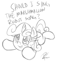 Size: 1868x2007 | Tagged: safe, artist:leadhooves, sweetie belle, g4, cute, diasweetes, female, hnnng, looking up, marshmallow, monochrome, open mouth, prone, pure unfiltered evil, sketch, smiling, solo, sweetie belle is a marshmallow too, sweetie bot, weapons-grade cute