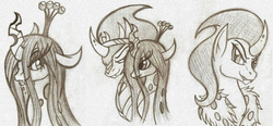 Size: 1393x649 | Tagged: safe, artist:rossmaniteanzu, king sombra, queen chrysalis, g4, monochrome, ship:chrysombra, shipping, stupid sexy sombra, traditional art