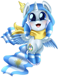 Size: 2221x2862 | Tagged: safe, artist:pridark, oc, oc only, oc:princess argenta, alicorn, pony, :3, adorable face, alicorn oc, argentina, blushing, colored wings, colored wingtips, cute, high res, looking at you, nation ponies, neckerchief, ocbetes, open mouth, ponified, pridark is trying to murder us, simple background, smiling, solo, spread wings, transparent background