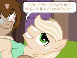 Size: 640x480 | Tagged: safe, artist:aha-mccoy, oc, oc only, oc:jay aaron mclovin, oc:terrie ben dover, earth pony, pony, unicorn, nopony-ask-mclovin, awkward smile, broken horn, horn, hospital gown, male, smiling, speech bubble, stallion, sweatdrop