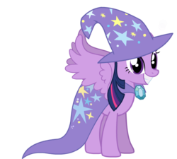 Size: 600x540 | Tagged: artist needed, safe, twilight sparkle, alicorn, pony, g4, accessory swap, female, grin, mare, simple background, smiling, solo, spread wings, squee, the great and powerful, transparent background, trixie's cape, trixie's hat, twilight sparkle (alicorn), vector