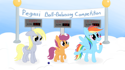 Size: 8000x4500 | Tagged: safe, artist:zirbronium, derpy hooves, rainbow dash, scootaloo, pegasus, pony, g4, absurd resolution, balancing, contest, female, juggling, mare, ponies balancing stuff on their nose