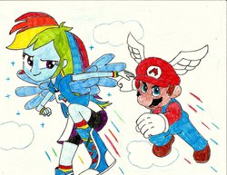 Size: 1024x791 | Tagged: safe, artist:ramos64, rainbow dash, equestria girls, g4, cloud, cloudy, flying, male, mario, nintendo, super mario bros., traditional art