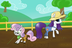 Size: 900x600 | Tagged: dead source, safe, artist:redfoxjake, rarity, sweetie belle, g4, clothes, dirty, mouth hold, mud, pulling, rarihick, tail, tail hole, weeds