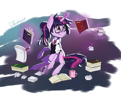Size: 1100x900 | Tagged: safe, artist:silbersternenlicht, twilight sparkle, g4, alternate hairstyle, clothes, female, glasses, magic, multitasking, ponytail, school uniform, solo, studying