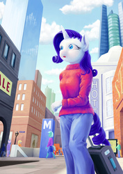 Size: 1400x1981 | Tagged: safe, artist:dahtamnay, rarity, unicorn, anthro, g4, clothes, female, manehattan, pants, skyscraper, solo focus, suitcase, sweater