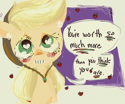 Size: 1280x1065 | Tagged: safe, artist:supernoncutie, applejack, g4, advice, female, looking at you, mouthpiece, positive ponies, solo, text