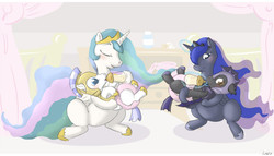 Size: 1050x600 | Tagged: safe, artist:lincub, princess celestia, princess luna, bat pony, pony, g4, baby bottle, bottle feeding, changing table, crib, diaper, maternaluna, momlestia, night guard, nursery, poofy diaper, royal guard