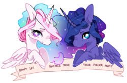 Size: 1280x835 | Tagged: safe, artist:pawsmilk, princess celestia, princess luna, g4, female, mouthpiece, old banner, positive ponies, solo, subversive kawaii