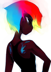 Size: 1000x1416 | Tagged: dead source, safe, artist:iopichio, rainbow dash, human, g4, dark skin, female, humanized, portrait, solo, tattoo