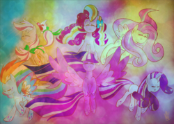 Size: 1400x1000 | Tagged: safe, artist:darkestsunset, applejack, fluttershy, pinkie pie, rainbow dash, rarity, twilight sparkle, alicorn, pony, g4, twilight's kingdom, female, mane six, mare, rainbow power, twilight sparkle (alicorn)