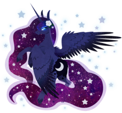 Size: 804x743 | Tagged: safe, artist:keetah-spacecat, princess luna, alicorn, pony, g4, female, flower, flower in hair, looking at you, simple background, solo, spread wings, stars, transparent background, wings