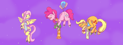 Size: 1282x471 | Tagged: safe, artist:ratchatter, applejack, fluttershy, gummy, pinkie pie, earth pony, pegasus, pony, g4, balloon, clothes, eyes closed, floating, floppy ears, flying, scarf, smiling, stars, then watch her balloons lift her up to the sky, unshorn fetlocks
