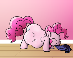 Size: 1250x1000 | Tagged: safe, artist:irateliterate, pinkie pie, rarity, earth pony, pony, g4, belly, female, mare, pinkie pred, rariprey, tail sticking out, vore
