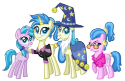Size: 3744x2448 | Tagged: safe, artist:thecheeseburger, air way, allie way, pearly whites, surf, earth pony, pony, unicorn, g4, background pony, female, glasses, group, headgear, high res, mare, simple background, sisters, transparent background