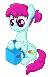 Size: 1440x2304 | Tagged: safe, artist:thecheeseburger, fruit pack, ruby splash, earth pony, pony, g4, background pony, backpack, simple background, solo, transparent background