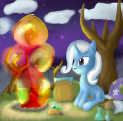 Size: 1280x1267 | Tagged: safe, artist:theskrayp, trixie, pony, unicorn, g4, campfire, female, fire, mare, night, solo