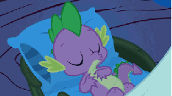 Size: 360x203 | Tagged: safe, screencap, spike, twilight sparkle, dragon, pony, unicorn, g4, owl's well that ends well, animated, baby, baby dragon, cute, duo, duo male and female, female, golden oaks library, horn, male, night, sleeping, spikabetes, spikelove, tucking in, unicorn twilight