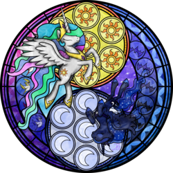 Size: 3500x3500 | Tagged: safe, artist:akili-amethyst, princess celestia, princess luna, g4, disney, dive to the heart, eyes closed, high res, kingdom hearts, recolor, stained glass